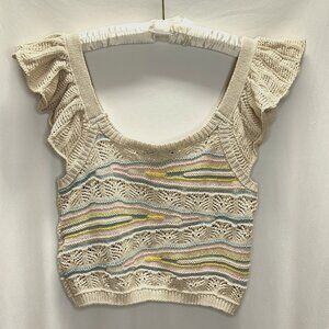 ZARA Pointelle Knit Ruffled Crop Top Sweater Multicolored Size L